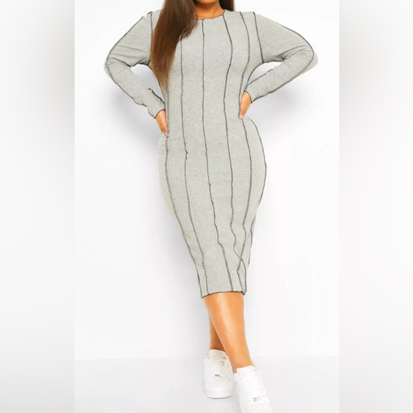 Boohoo Dresses & Skirts - PLUS SEAM Ribbed Stretchy MIDI BODYCON DRESS gray and black Size 16